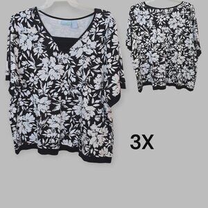 Liz & Me Black and White Floral Stretch V Neck Blouse Top Cotton Womens 3X